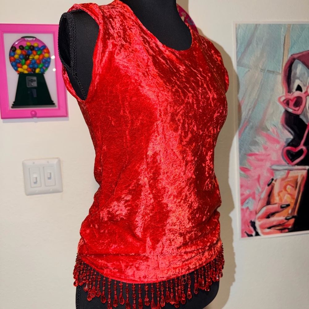 VINTAGE RED CRUSHED VELVET BEADED TASSEL TOP
